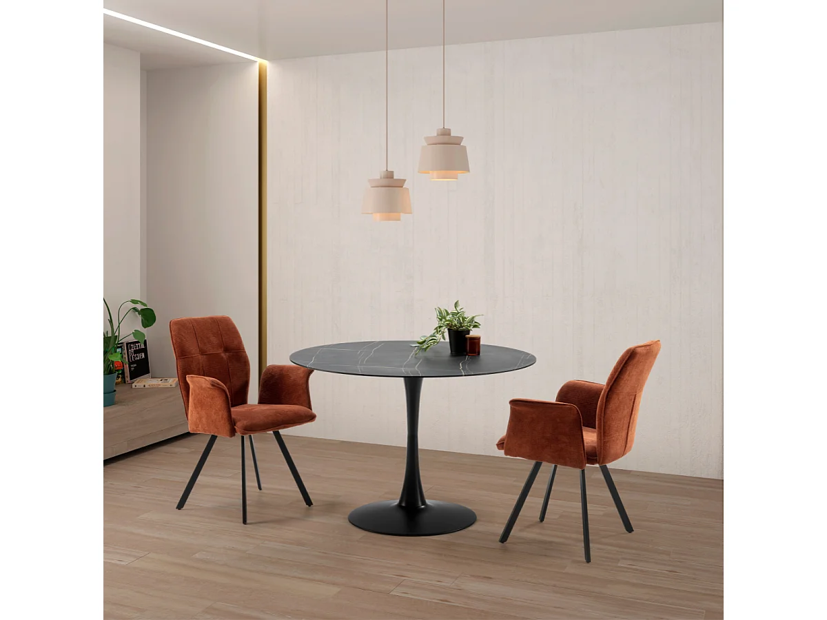 Table à manger ronde effet marbre noir 4 pers. 110 cm - Prima