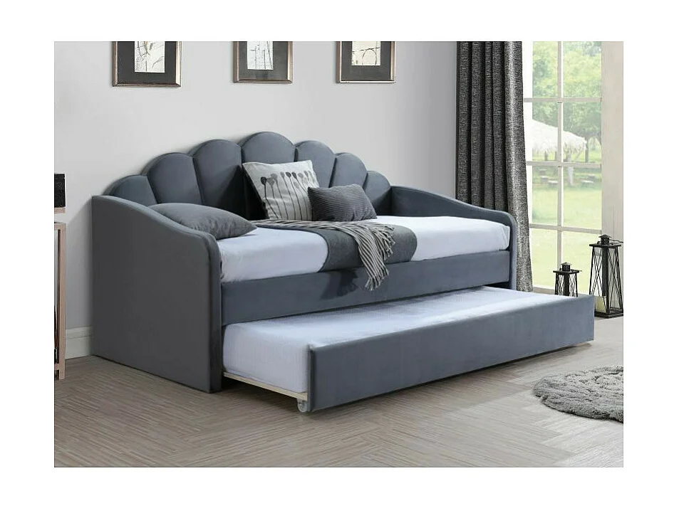 Lit gigogne 90 x 200 en velours gris avec couchage supplémentaire Opale - Sans matelas