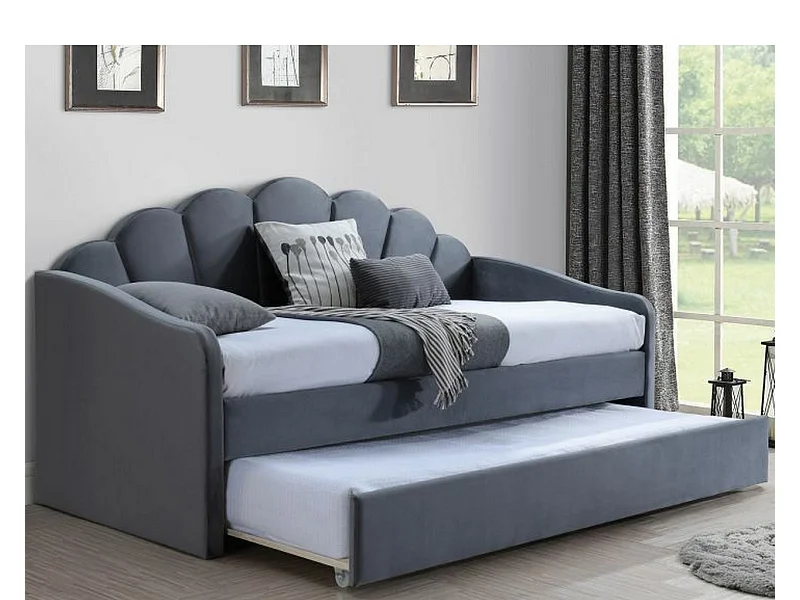 Cama nido 90 x 200 terciopelo gris con cama supletoria Opale - 2 colchones