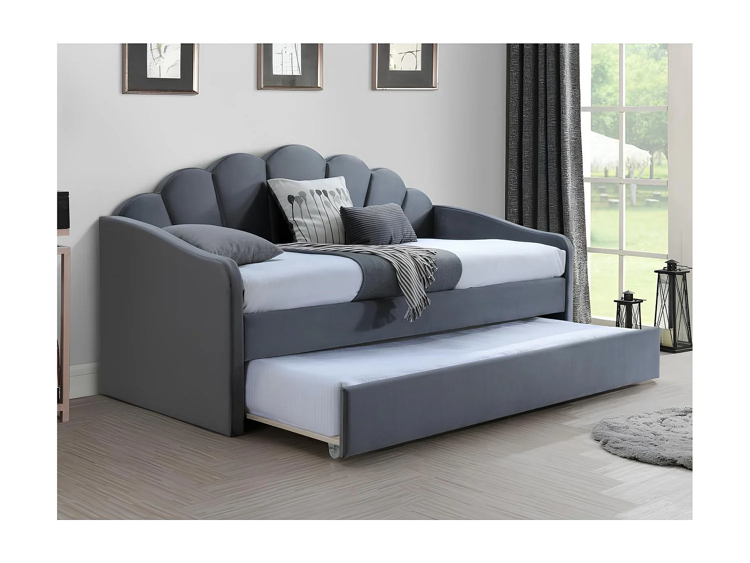 Cama nido 90 x 200 terciopelo gris con cama supletoria Opale - 2 colchones
