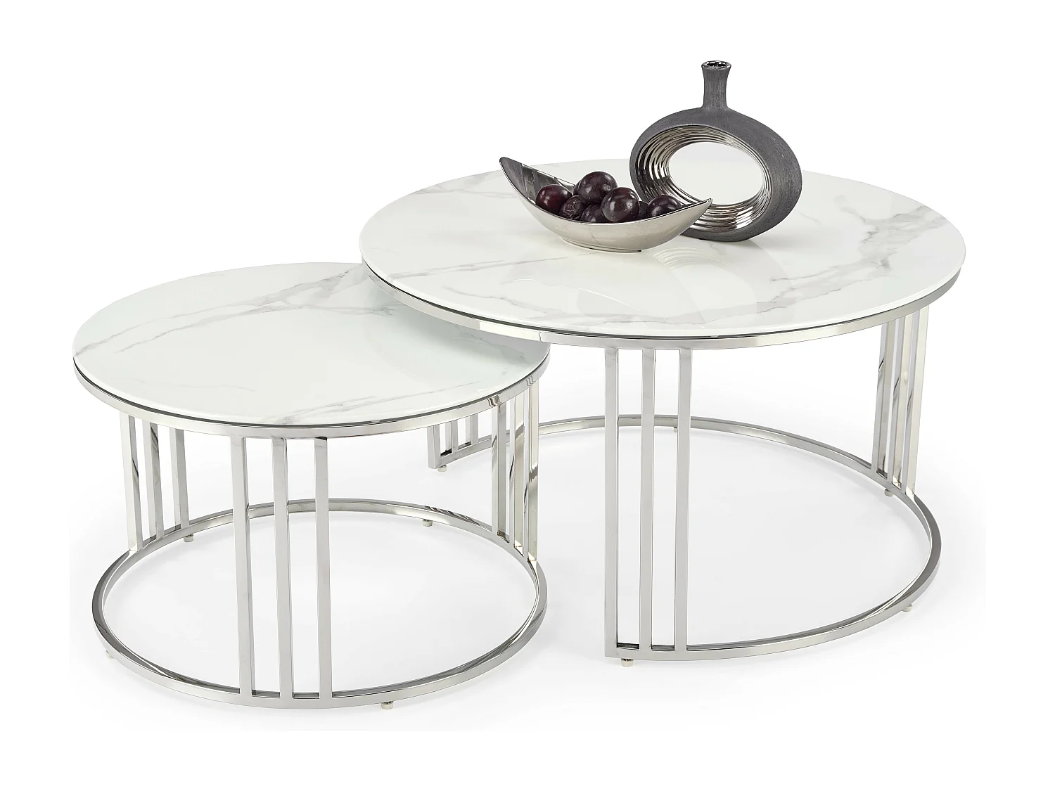 Lote de dos mesas de centro redondas de mármol blanco Rimini