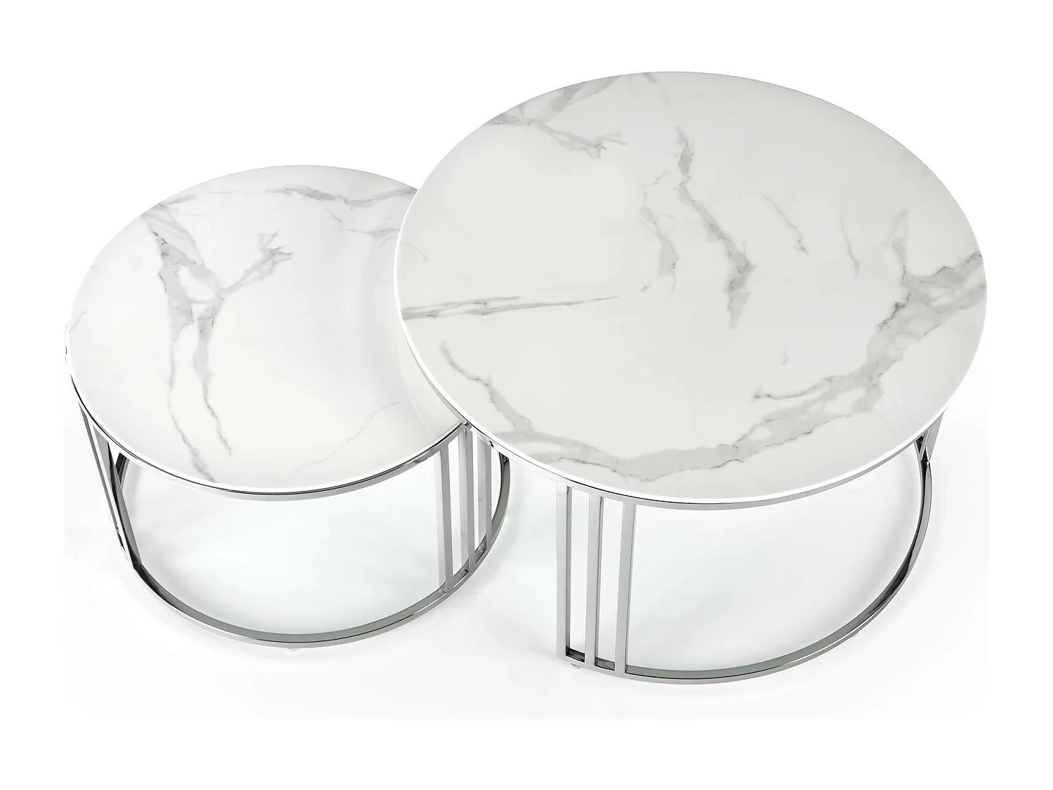 Lote de dos mesas de centro redondas de mármol blanco Rimini