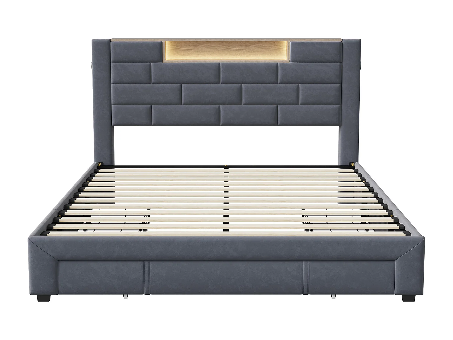 Cama de 140*200cm com arrumação, mesa de cabeceira com arrumação, faixa de luz, porta USB integrada, carregador europeu, cinzenta, veludo.