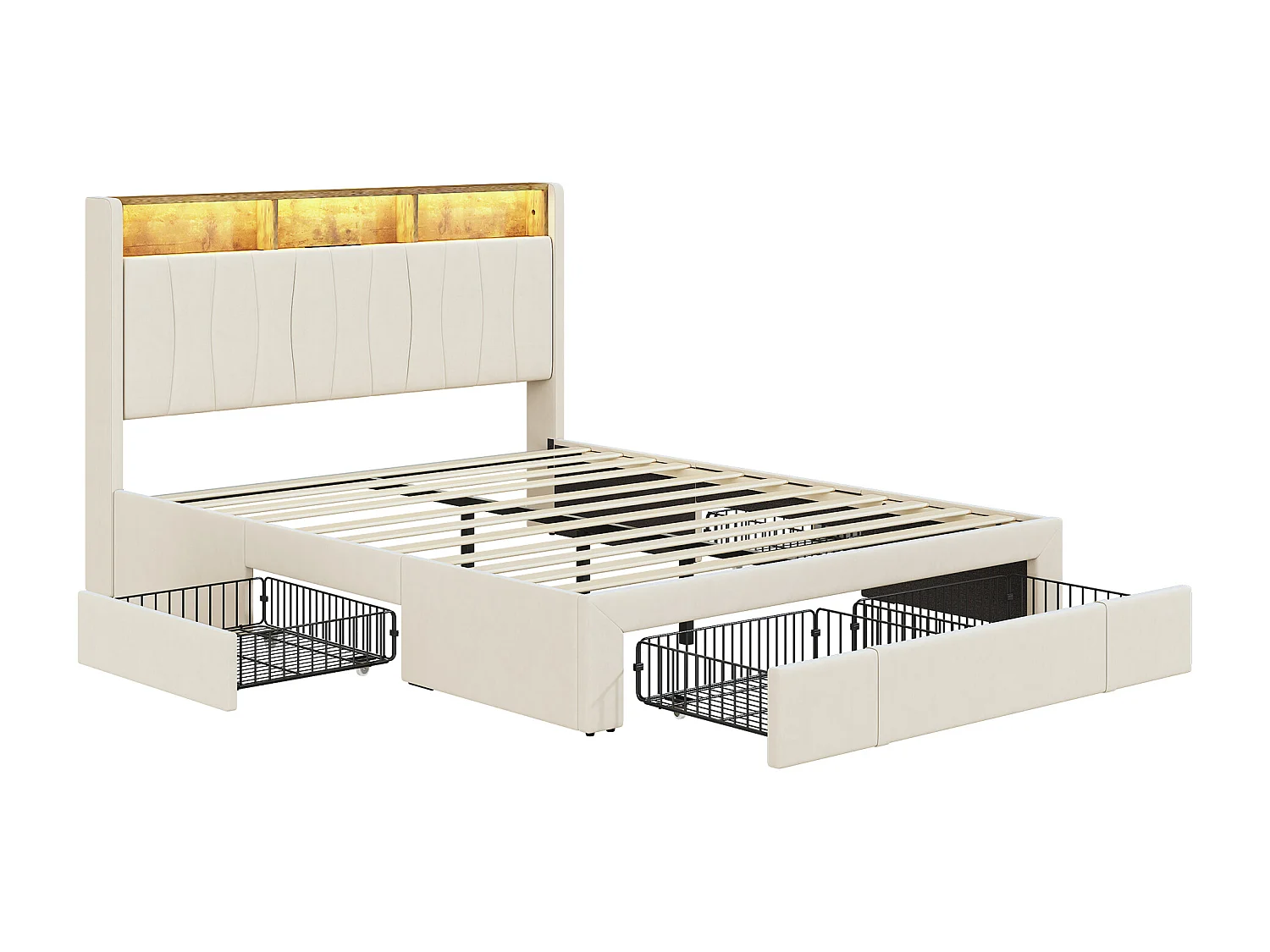 Tweepersoonsbed 140*200cm, met 4 ijzeren lades, nachtkastje met LED en USB, hoofdeinde open, fluweel, beige