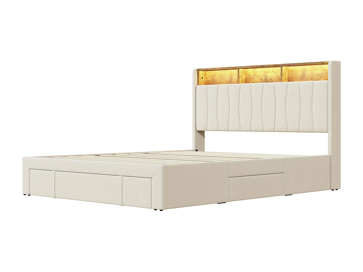 Tweepersoonsbed 140*200cm, met 4 ijzeren lades, nachtkastje met LED en USB, hoofdeinde open, fluweel, beige