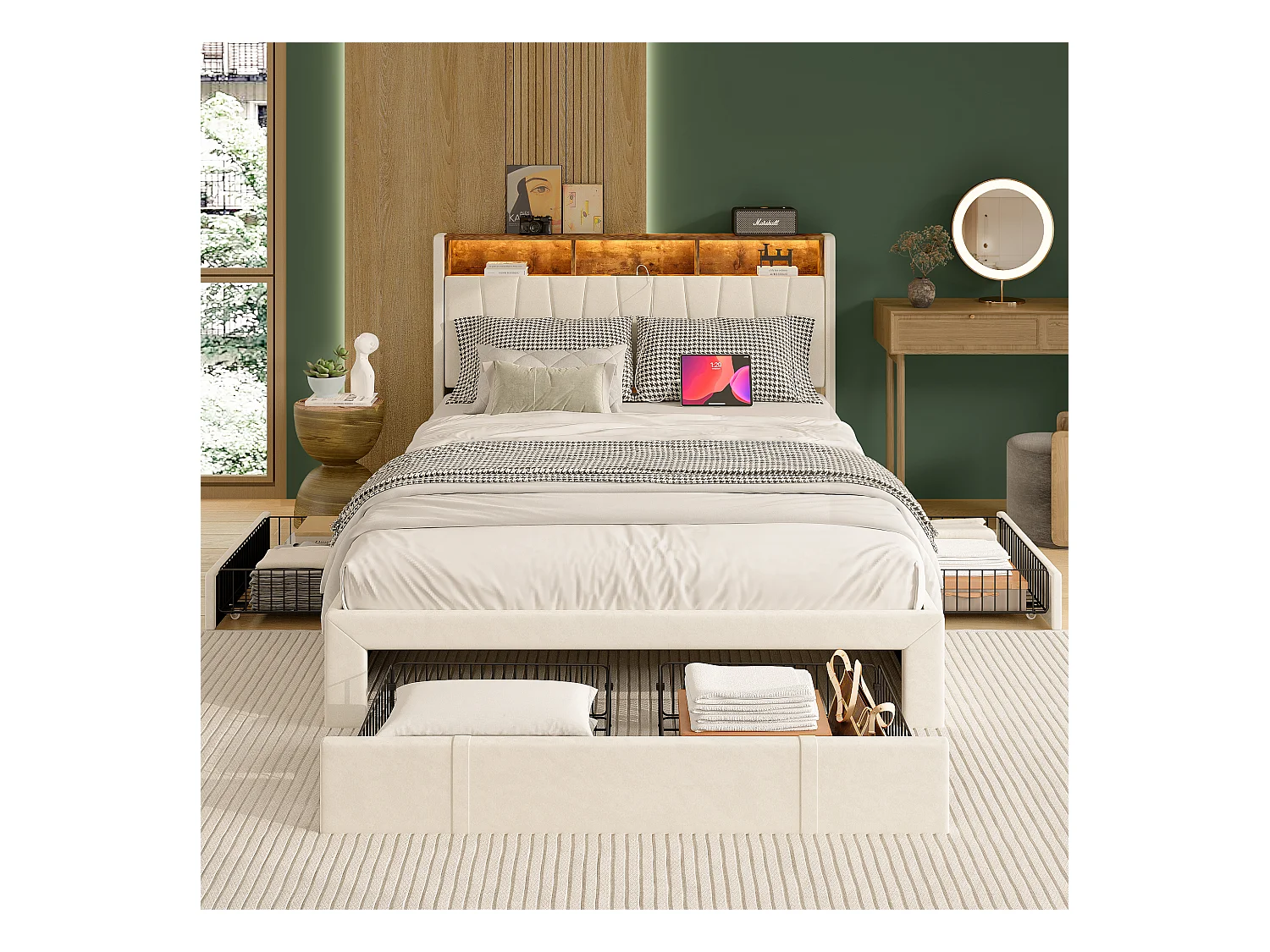 Cama de matrimonio 140*200cm, con 4 cajones de hierro, mesita de noche con LED y USB, cabecero abatible, terciopelo, beige.