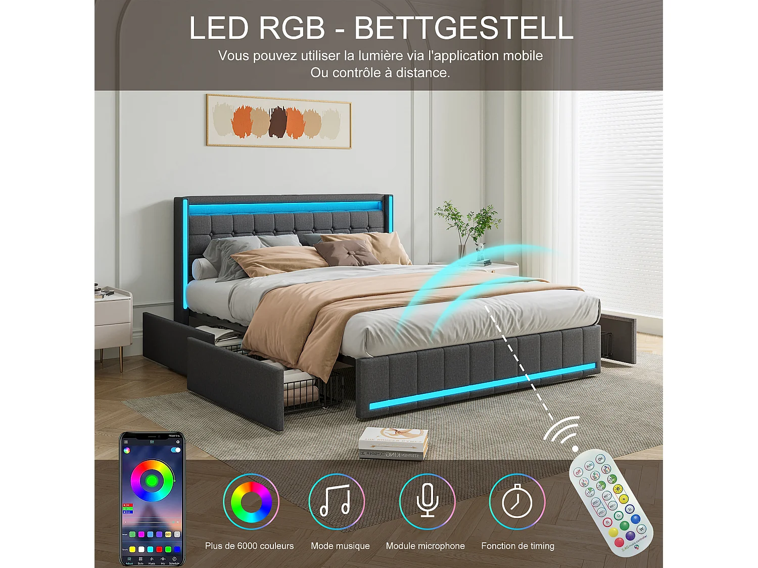 Lit double 140*200 cm, port de chargement USB de chevet, lumière LED, avec 4 tiroirs en fer, gris foncé, lin