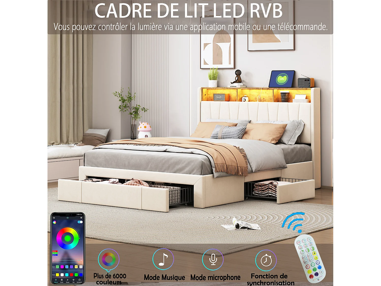 Tweepersoonsbed 160*200 cm, nachtkastje met led- en USB-aansluitingen, 4 ijzeren lades, fluweel, beige