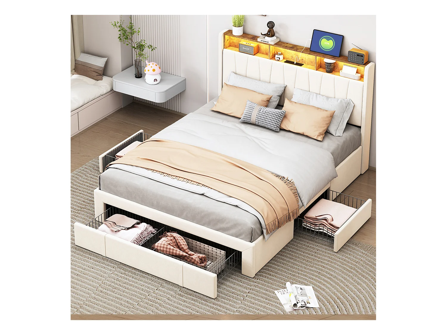 Cama doble 160*200 cm, Mesilla de noche abatible, con LED y tomas USB, 4 cajones de hierro, terciopelo, beige.