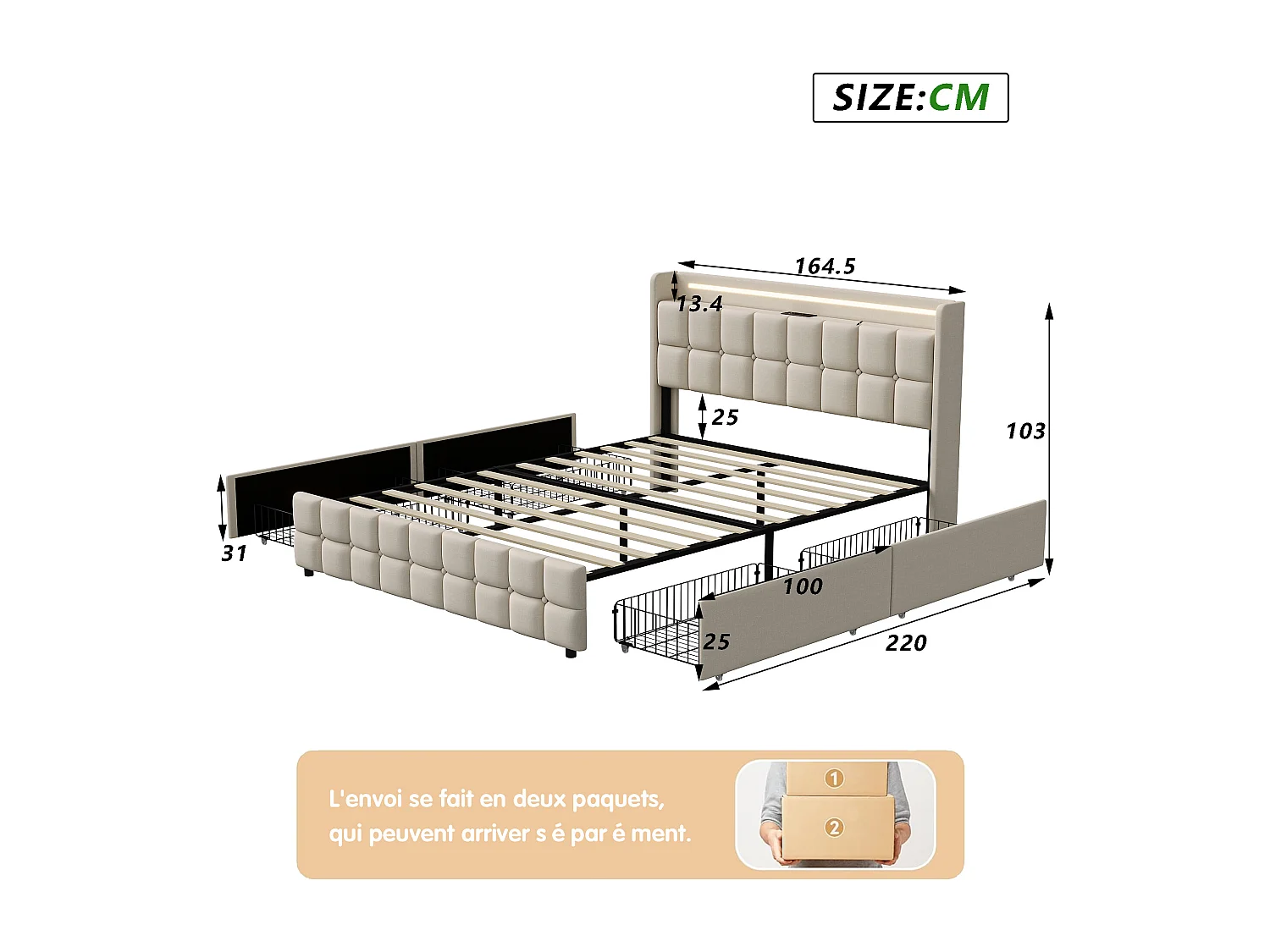 Cadre de lit capitonné 160*200cm, 4 tiroirs avec recharge USB, chevet avec LED, lin,gris