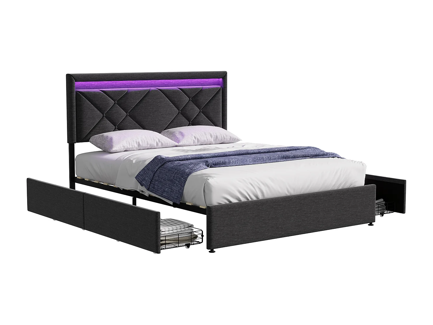 Tweepersoonsbed 140*200cm, nachtkastje met LED- en USB-functie, met 4 ijzeren lades, donkergrijs linnen