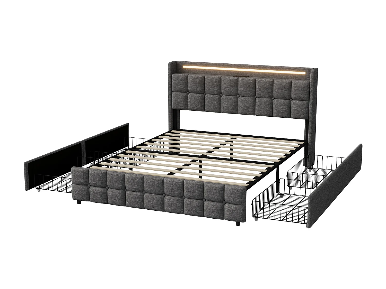 Cadre de lit capitonné 160*200cm, 4 tiroirs avec recharge USB, chevet avec LED, lin,gris