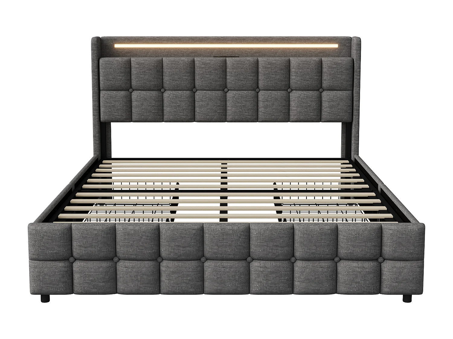 Cadre de lit capitonné 160*200cm, 4 tiroirs avec recharge USB, chevet avec LED, lin,gris