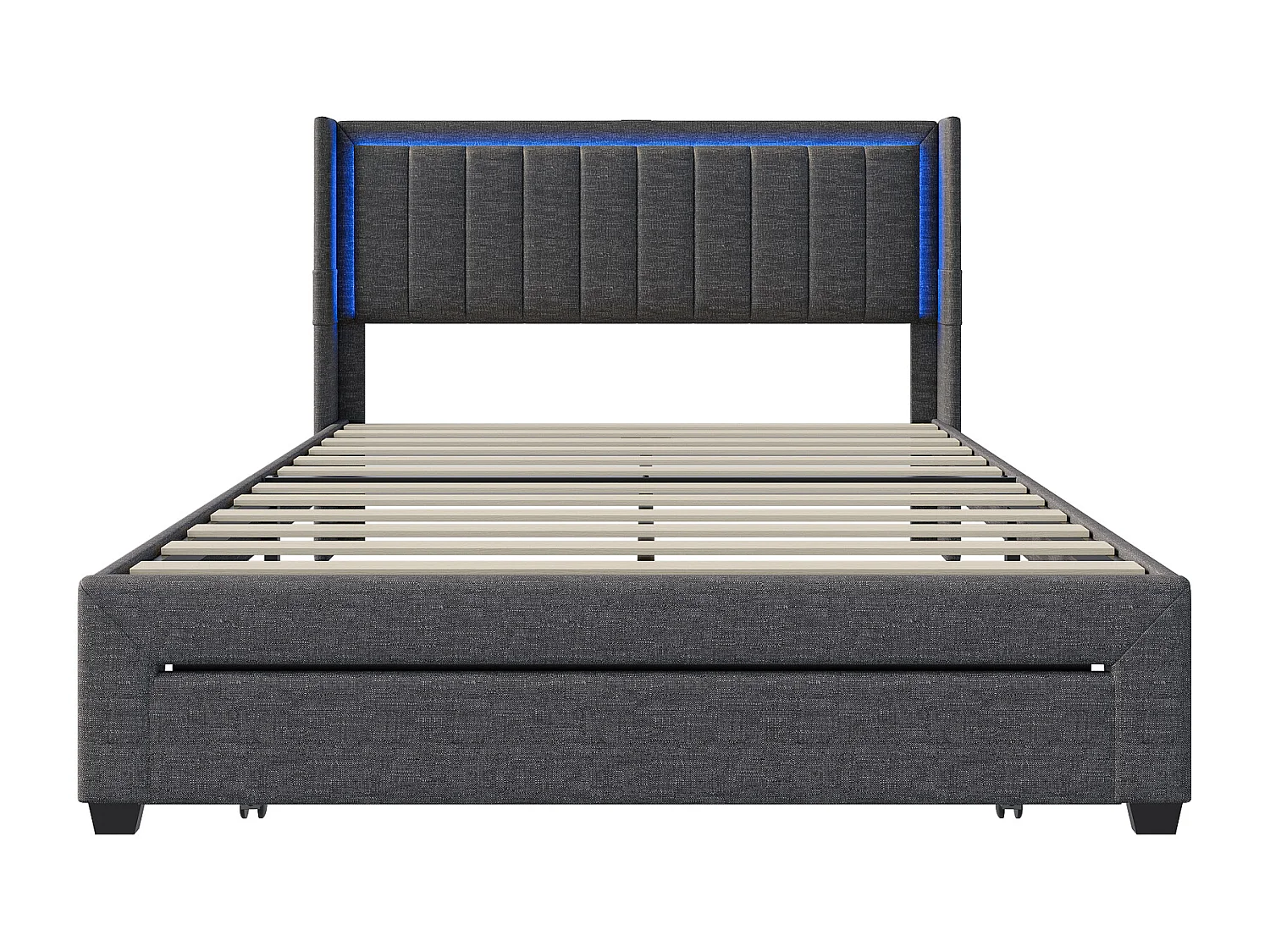 Cama doble 140*200cm, lámpara de noche con toma USB, cajón al pie de la cama, tejido de lino, gris oscuro.