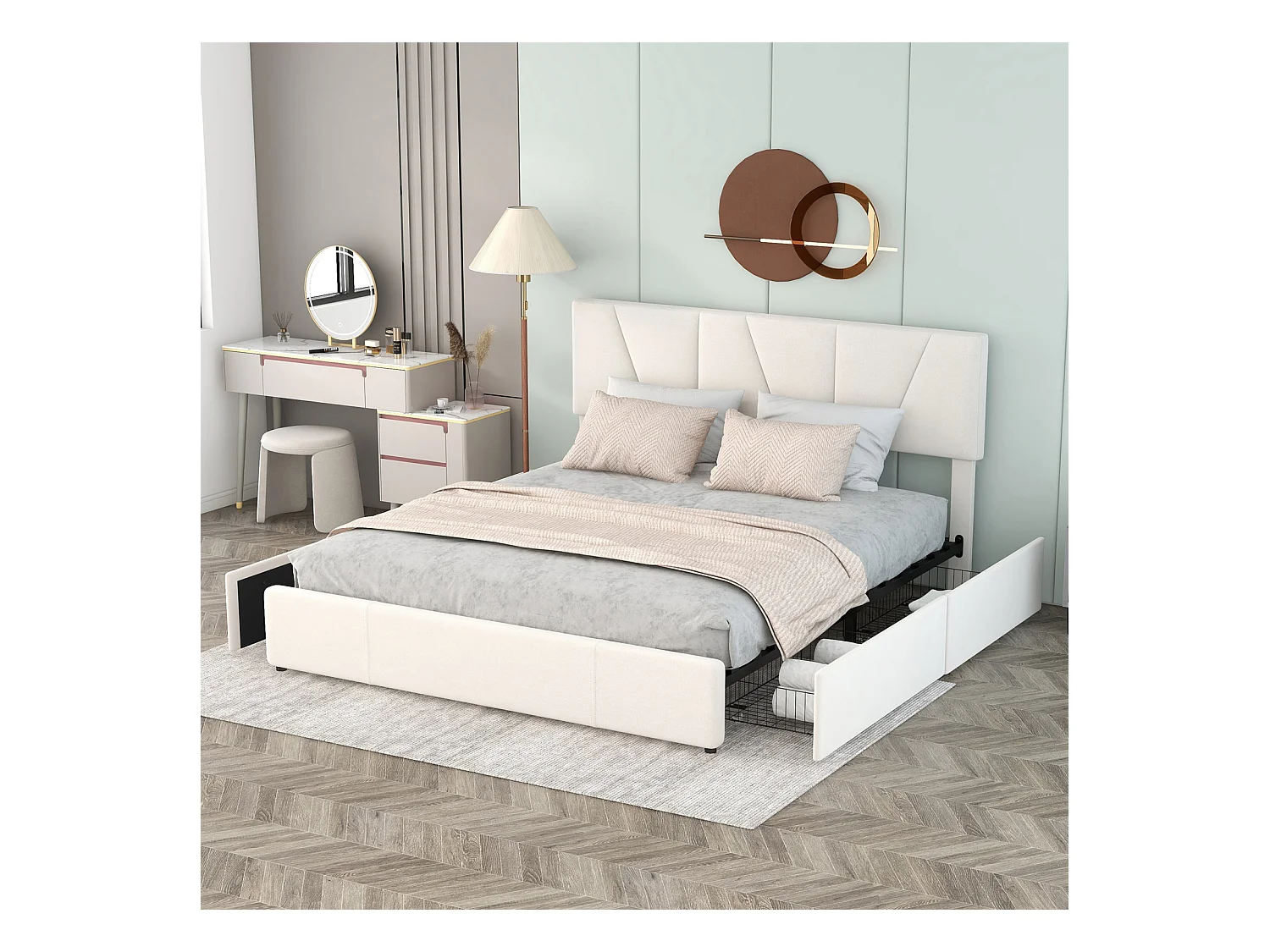Cama estofada 160 x 200 cm, com quatro gavetas em dois lados, cabeceira ajustável, veludo, branco