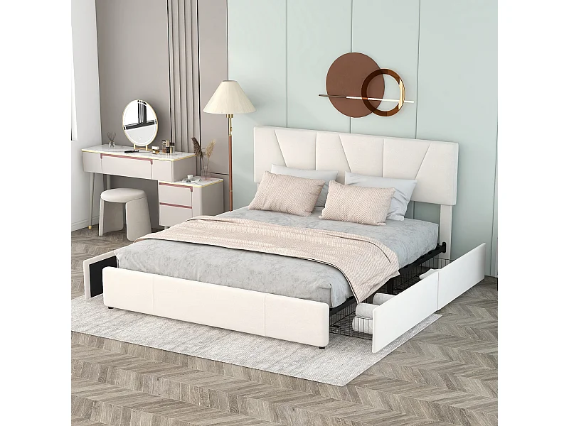 Cama tapizada de 160x200 cm, con cuatro cajones a dos lados, cabecero regulable, terciopelo, color blanco.