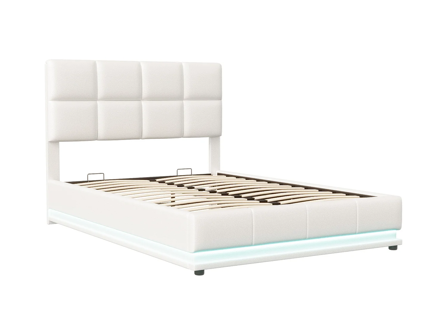 Lit capitonné 140x200 cm avec éclairage LED, lit relevable hydraulique, rangement, PU, ​​blanc