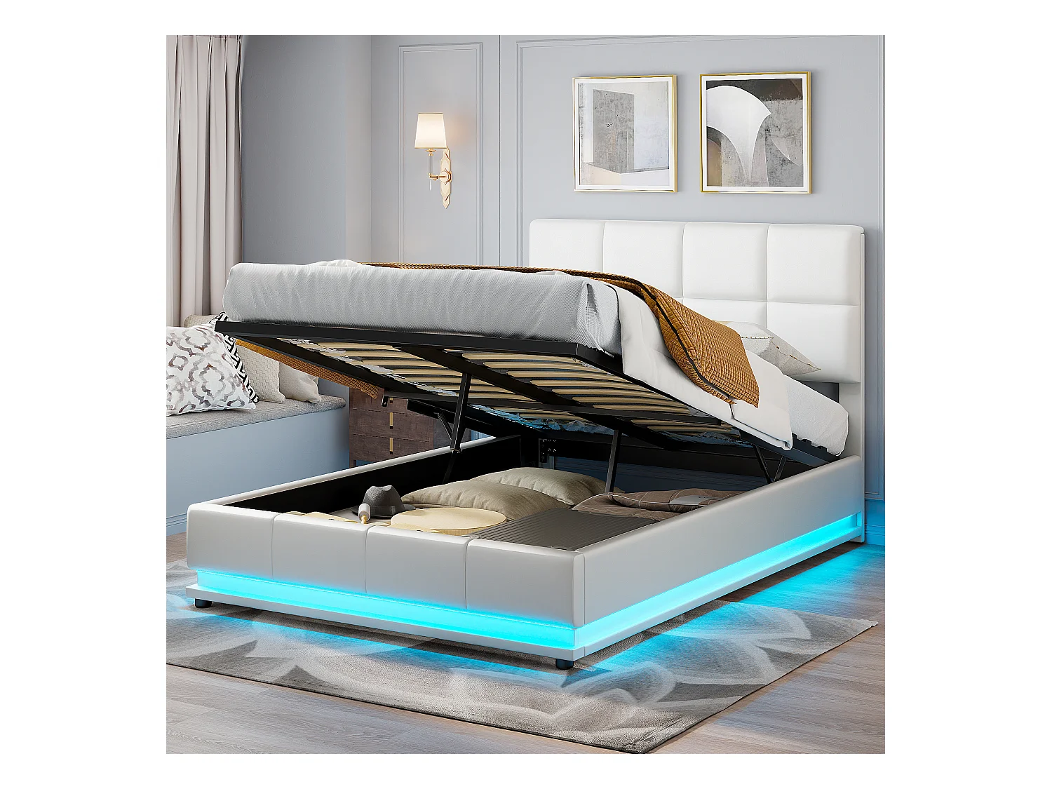 Lit capitonné 140x200 cm avec éclairage LED, lit relevable hydraulique, rangement, PU, ​​blanc