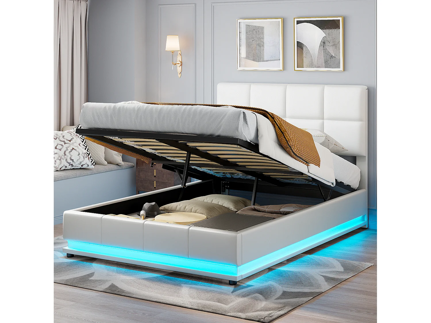 Lit capitonné 140x200 cm avec éclairage LED, lit relevable hydraulique, rangement, PU, ​​blanc