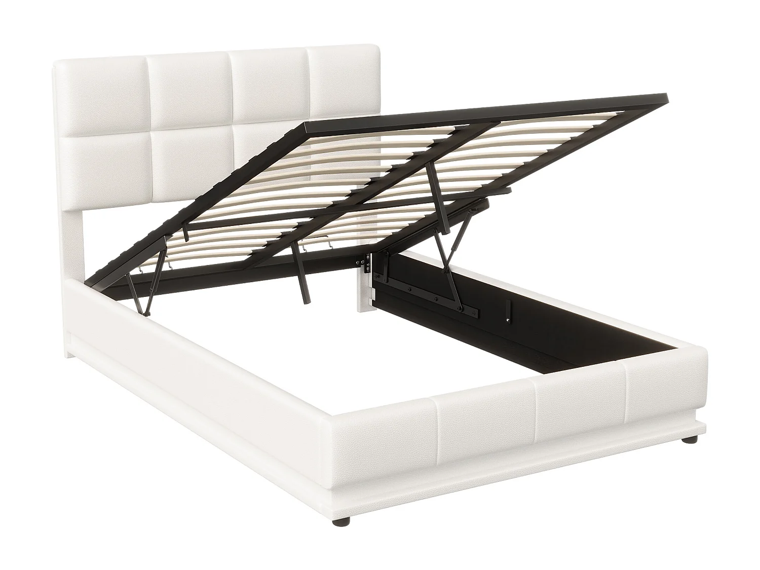 Lit capitonné 140x200 cm avec éclairage LED, lit relevable hydraulique, rangement, PU, ​​blanc