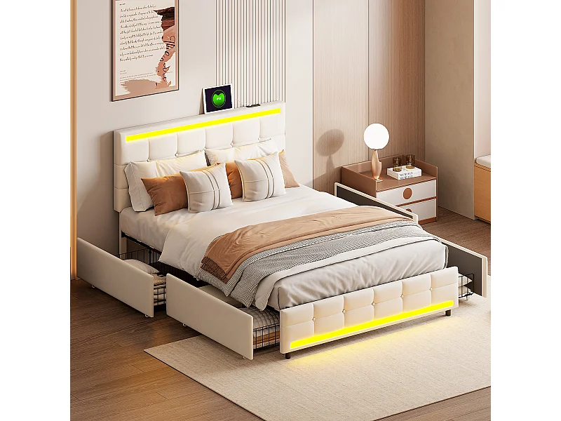 Letto imbottito 140x200, struttura letto imbottita a LED con 4 cassetti e 2 stazioni di ricarica USB, beige, lino