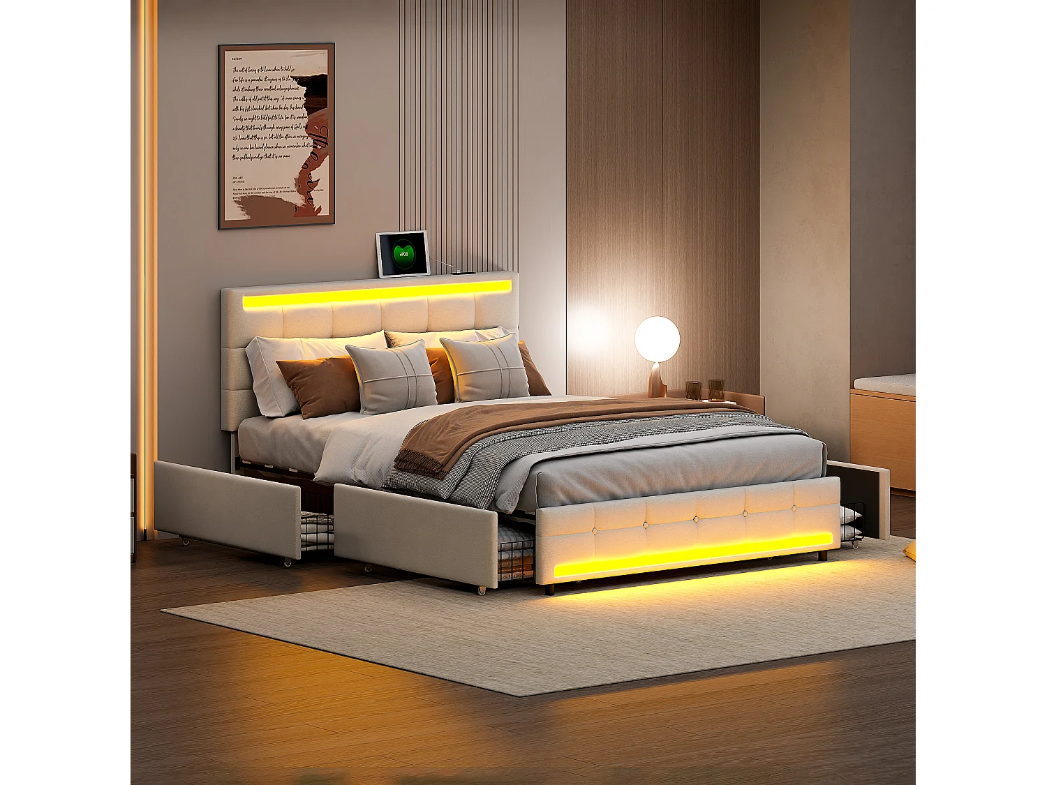 Letto imbottito 140x200, struttura letto imbottita a LED con 4 cassetti e 2 stazioni di ricarica USB, beige, lino