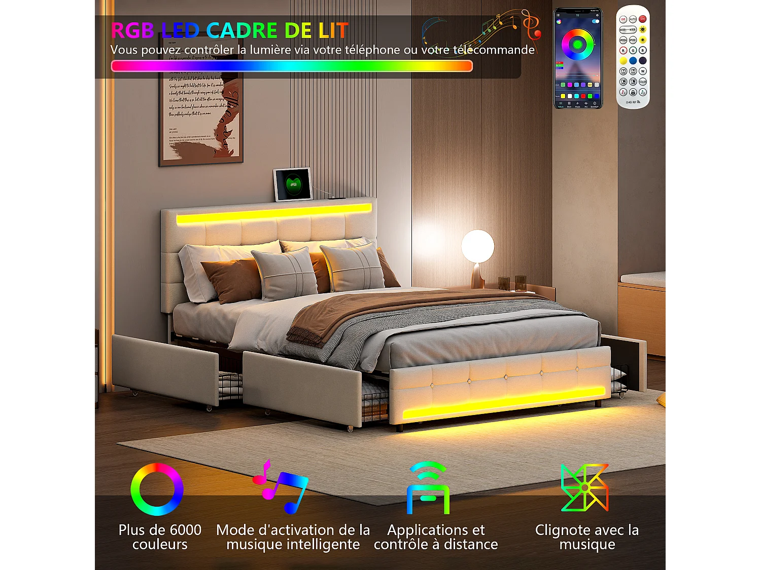 Letto imbottito 140x200, struttura letto imbottita a LED con 4 cassetti e 2 stazioni di ricarica USB, beige, lino