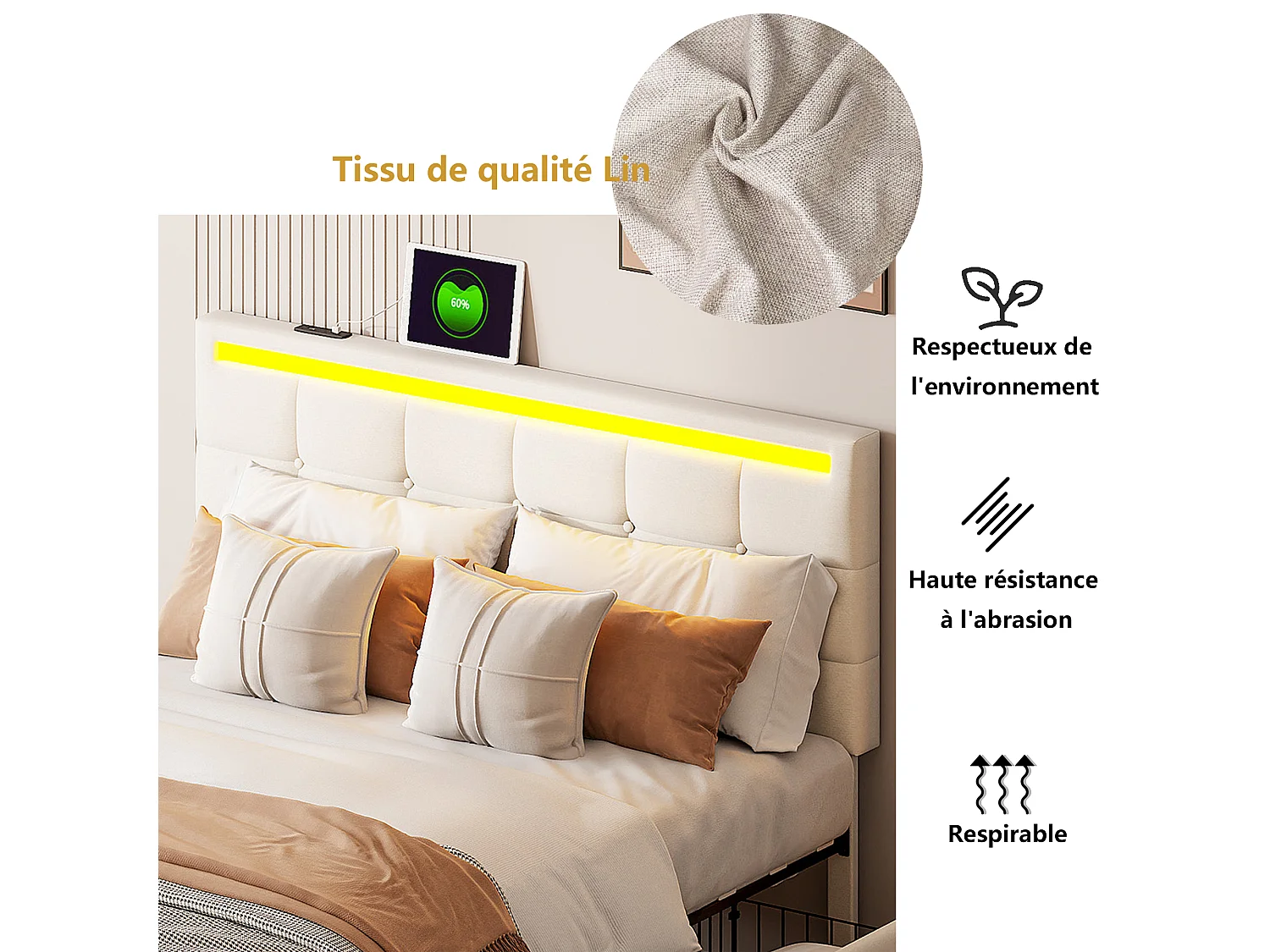 Letto imbottito 140x200, struttura letto imbottita a LED con 4 cassetti e 2 stazioni di ricarica USB, beige, lino