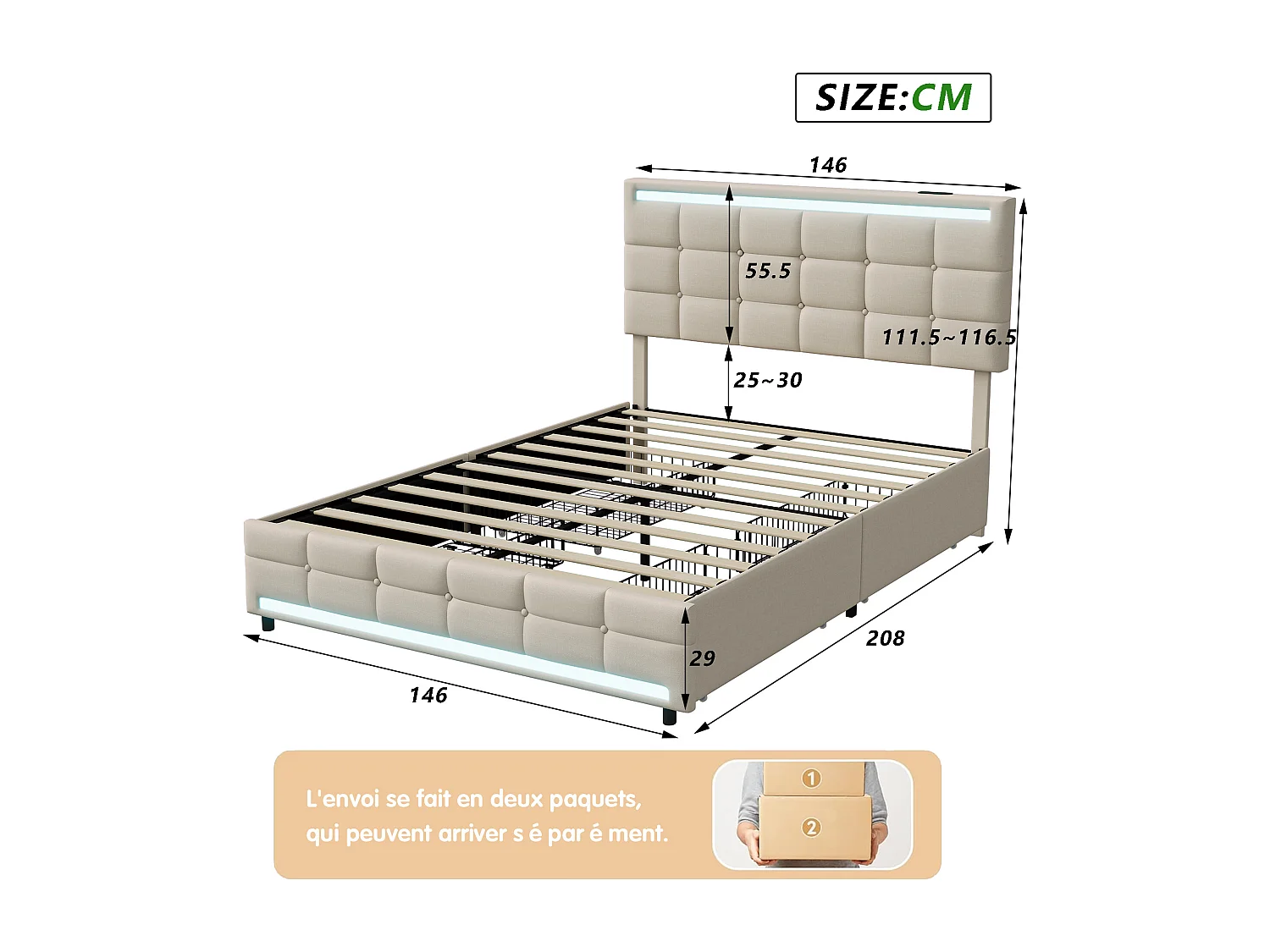 Letto imbottito 140x200, struttura letto imbottita a LED con 4 cassetti e 2 stazioni di ricarica USB, beige, lino