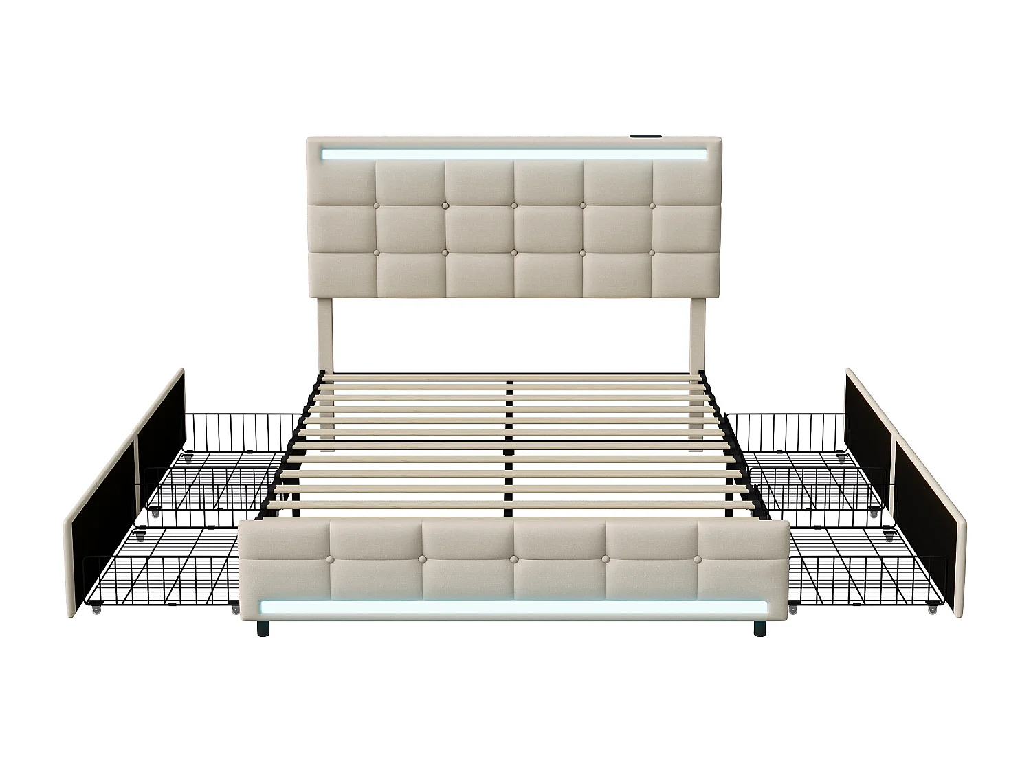 Letto imbottito 140x200, struttura letto imbottita a LED con 4 cassetti e 2 stazioni di ricarica USB, beige, lino