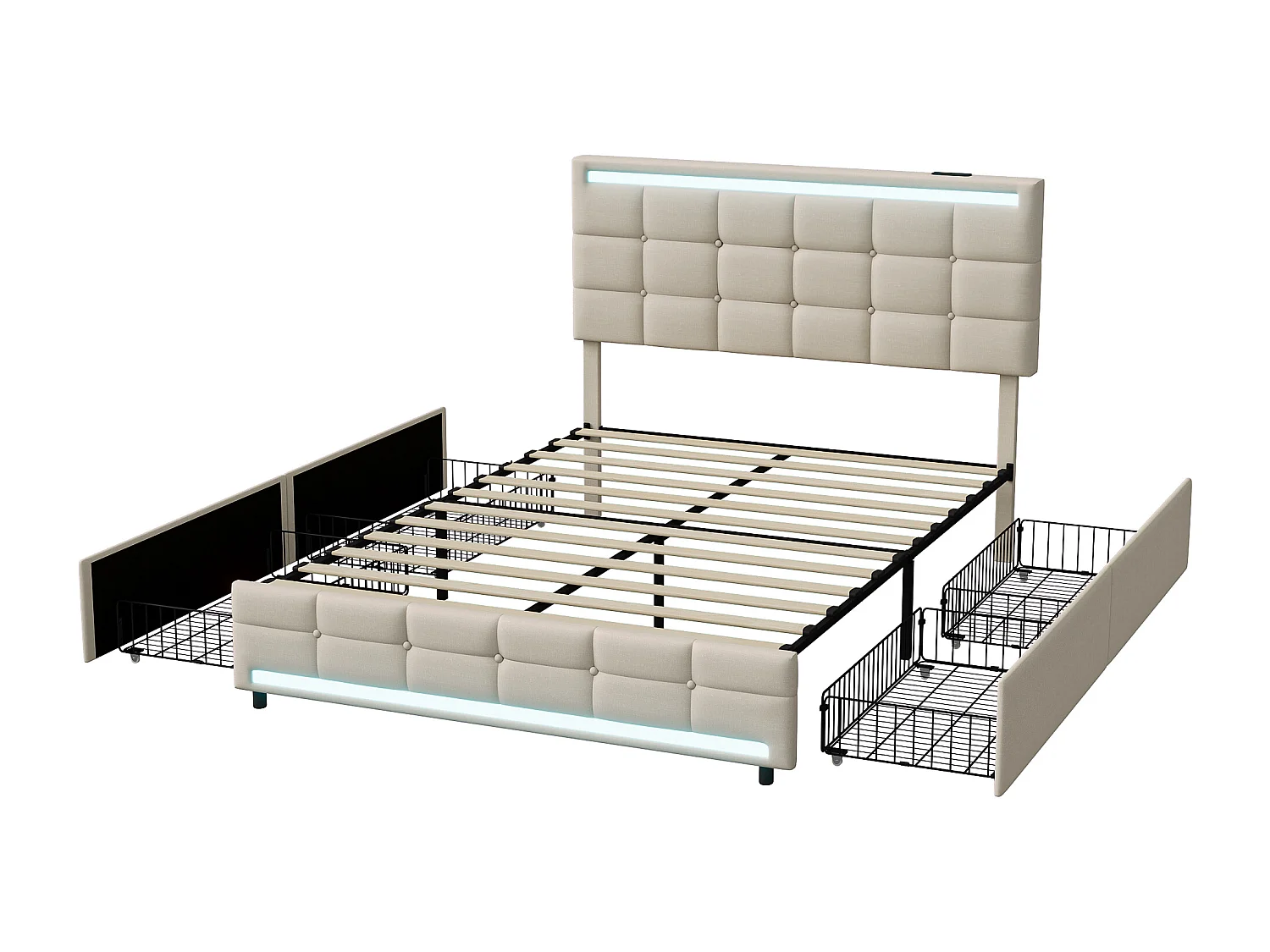Letto imbottito 140x200, struttura letto imbottita a LED con 4 cassetti e 2 stazioni di ricarica USB, beige, lino