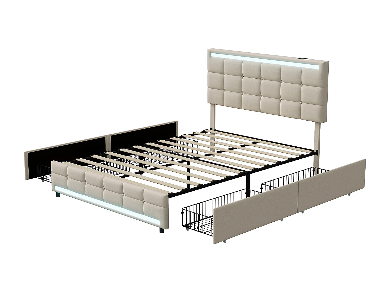Letto imbottito 140x200, struttura letto imbottita a LED con 4 cassetti e 2 stazioni di ricarica USB, beige, lino