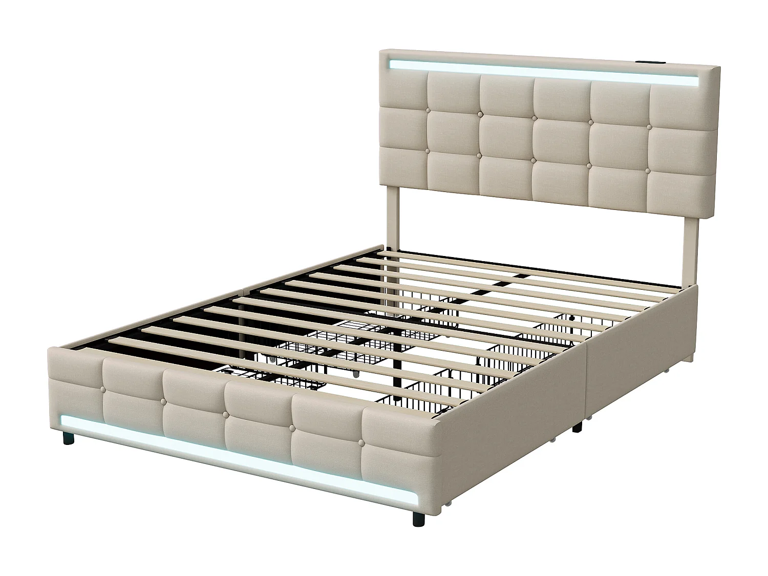 Letto imbottito 140x200, struttura letto imbottita a LED con 4 cassetti e 2 stazioni di ricarica USB, beige, lino