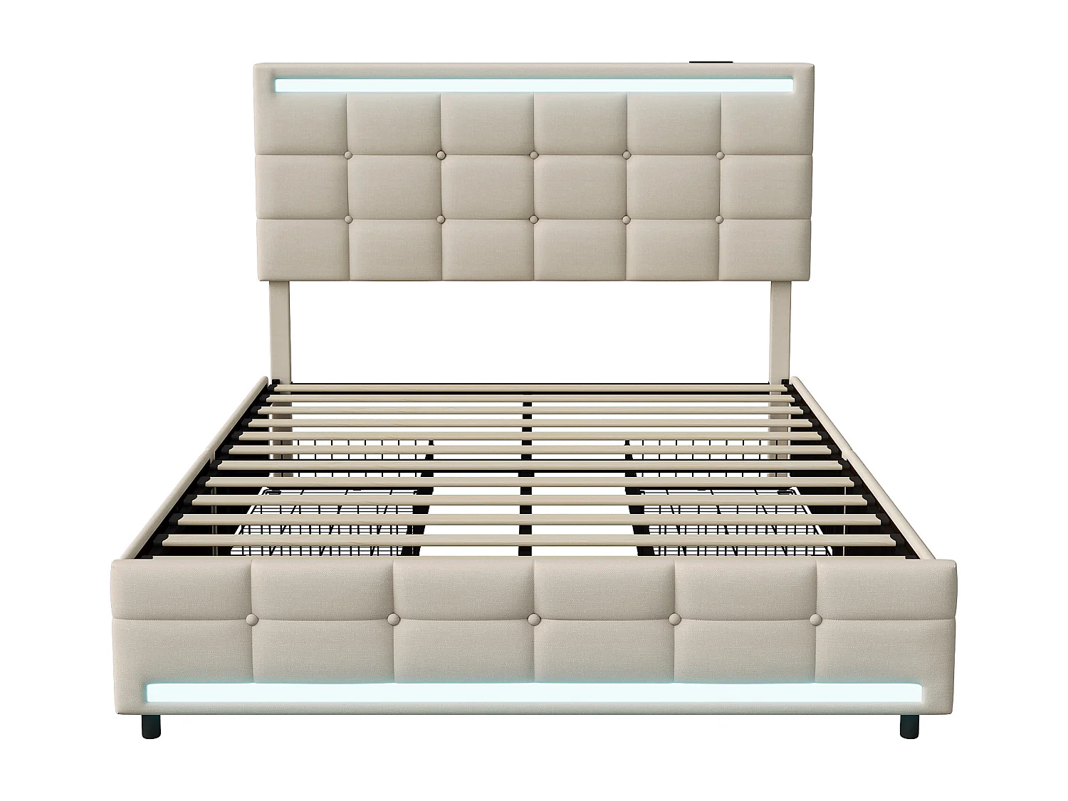 Letto imbottito 140x200, struttura letto imbottita a LED con 4 cassetti e 2 stazioni di ricarica USB, beige, lino