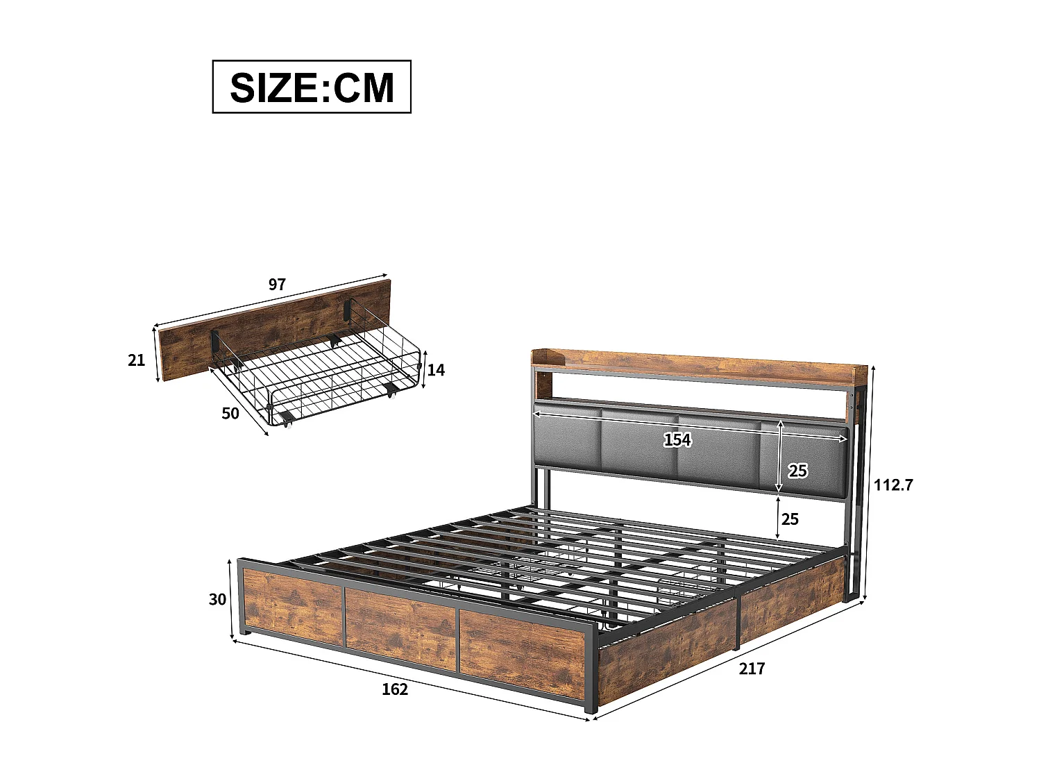 Lit 160x200 cm, 2 Personnes, Tête de Lit Rembourrée avec Étagère et LED, Cadre de Lit Métal Style Industriel avec 4 Tiroirs, Sommier à Lattes, Noir