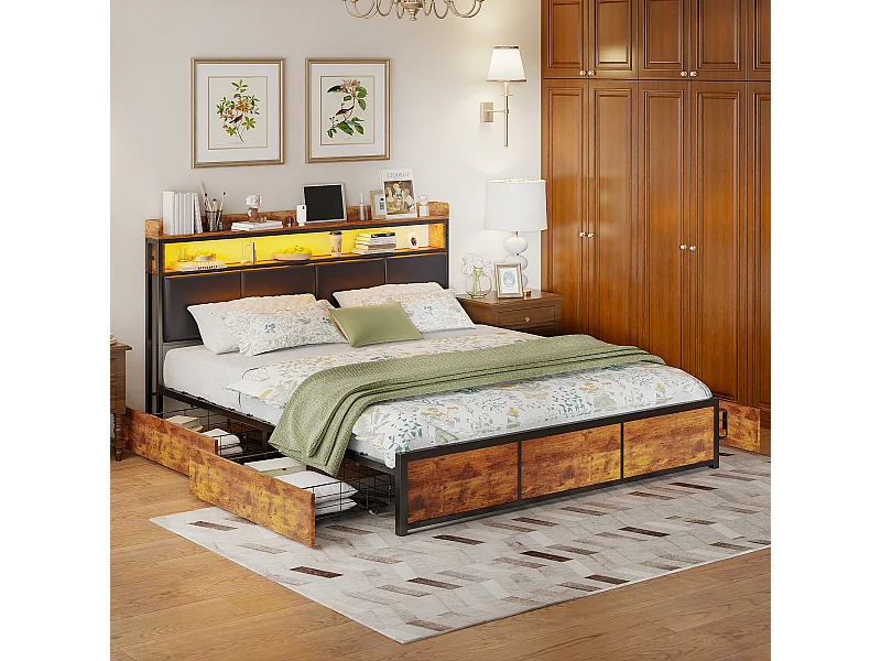 Gestoffeerd bed van 160x200 cm, metalen bed met LED-verlichting, met 4 lades, massief houten opbergbed, houtkleur