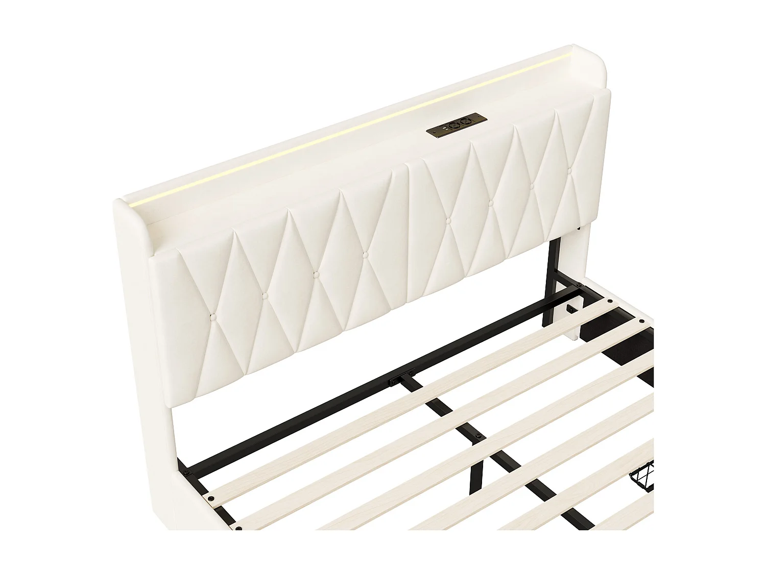 Cama 140 x 200 com base LED e USB, cama de casal, cabeceira com arrumação, veludo, bege