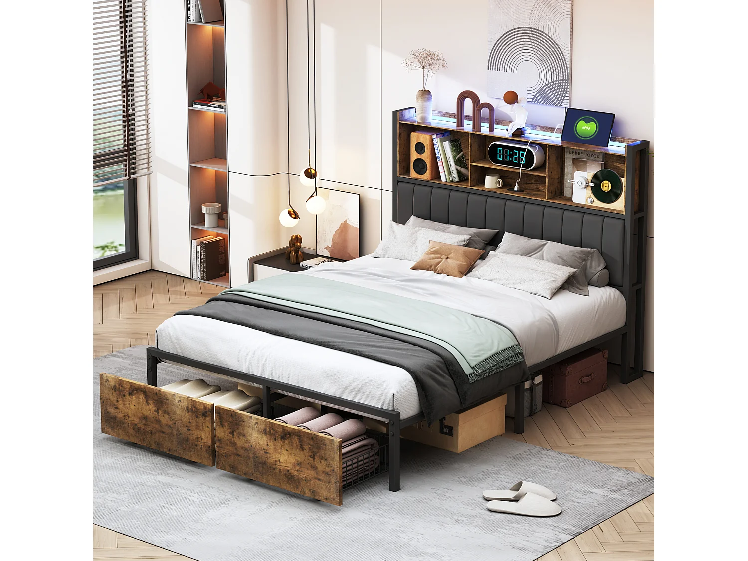 160*200CM ijzeren houten bed, zachte sprei en LED-lichtstrip, met USB-aansluiting, dubbele lades, massief houten kleur