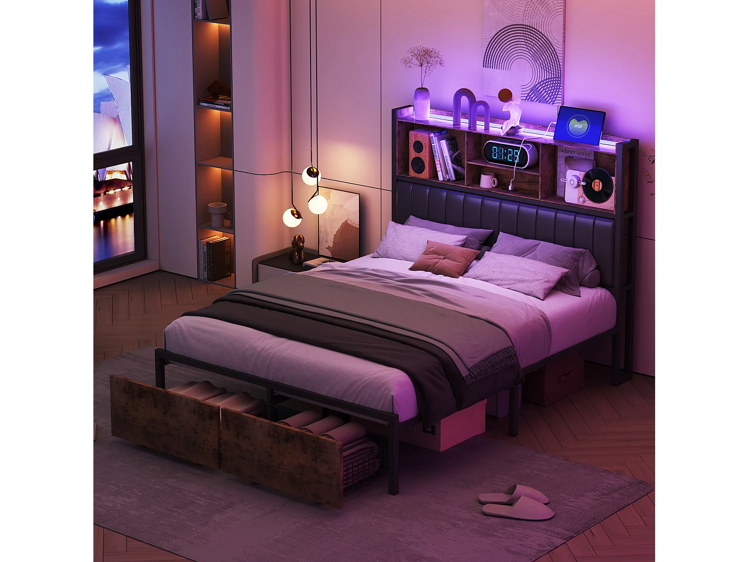 160*200CM ijzeren houten bed, zachte sprei en LED-lichtstrip, met USB-aansluiting, dubbele lades, massief houten kleur