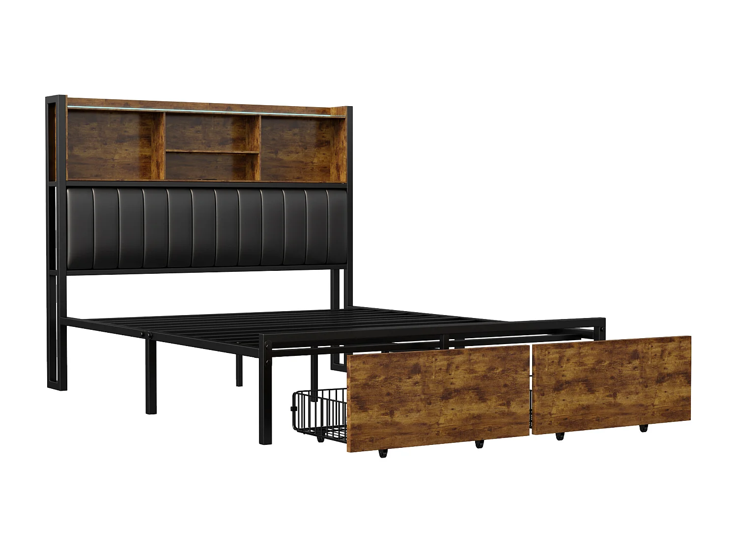 160*200CM ijzeren houten bed, zachte sprei en LED-lichtstrip, met USB-aansluiting, dubbele lades, massief houten kleur