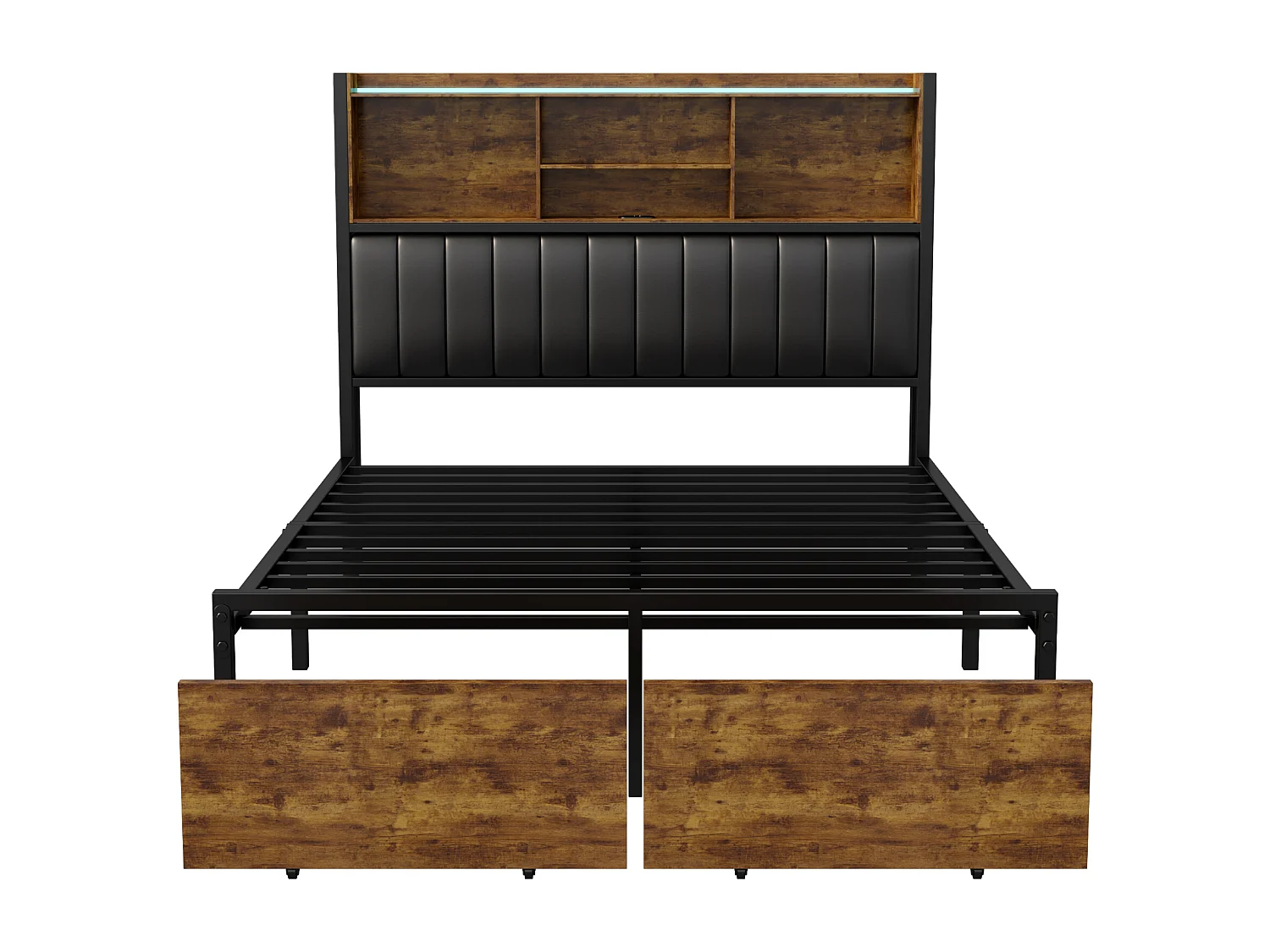 160*200CM ijzeren houten bed, zachte sprei en LED-lichtstrip, met USB-aansluiting, dubbele lades, massief houten kleur
