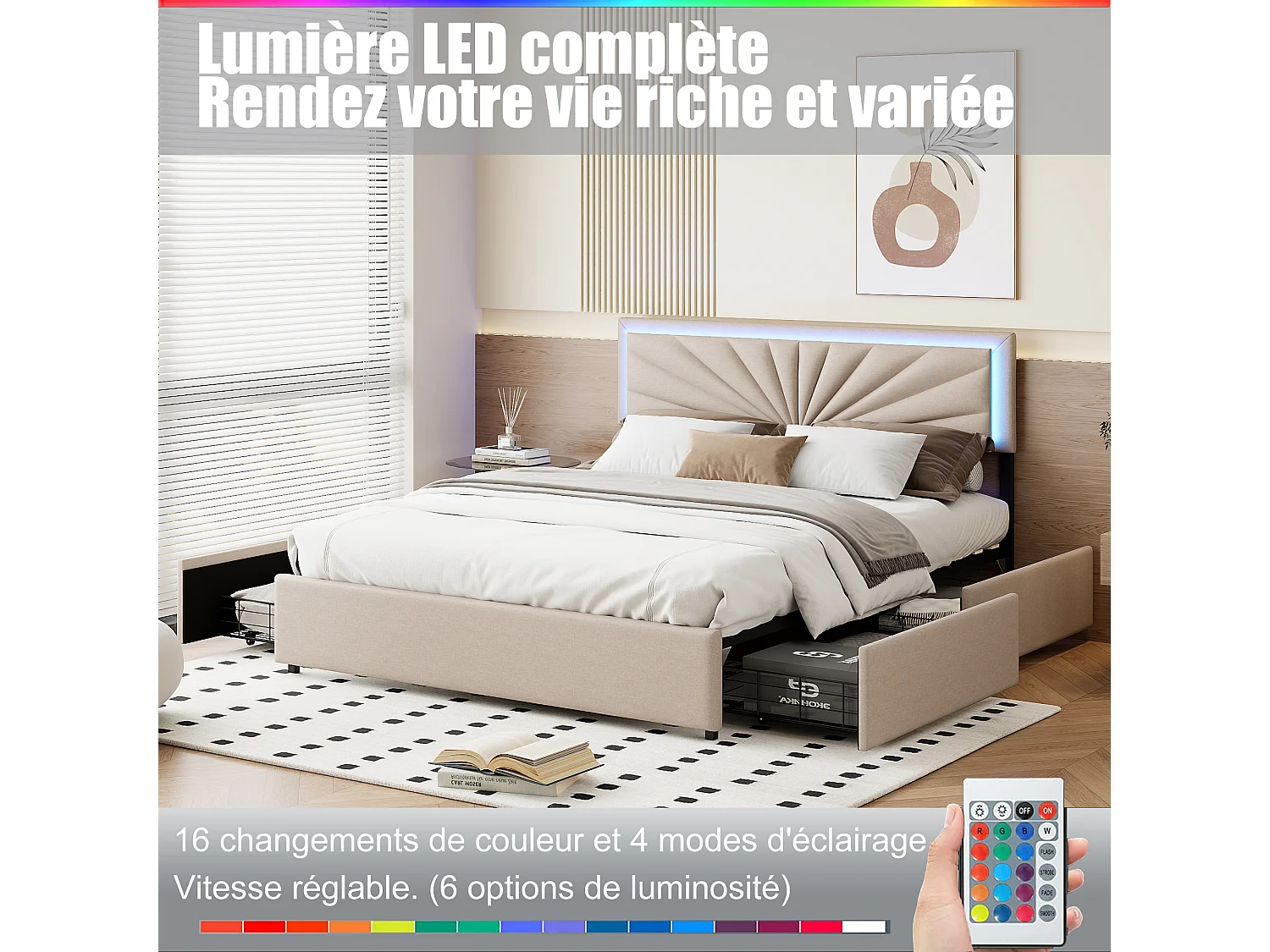 Struttura letto matrimoniale 160 x 200 cm, quattro cassetti grandi, testiera con LED, beige, lino