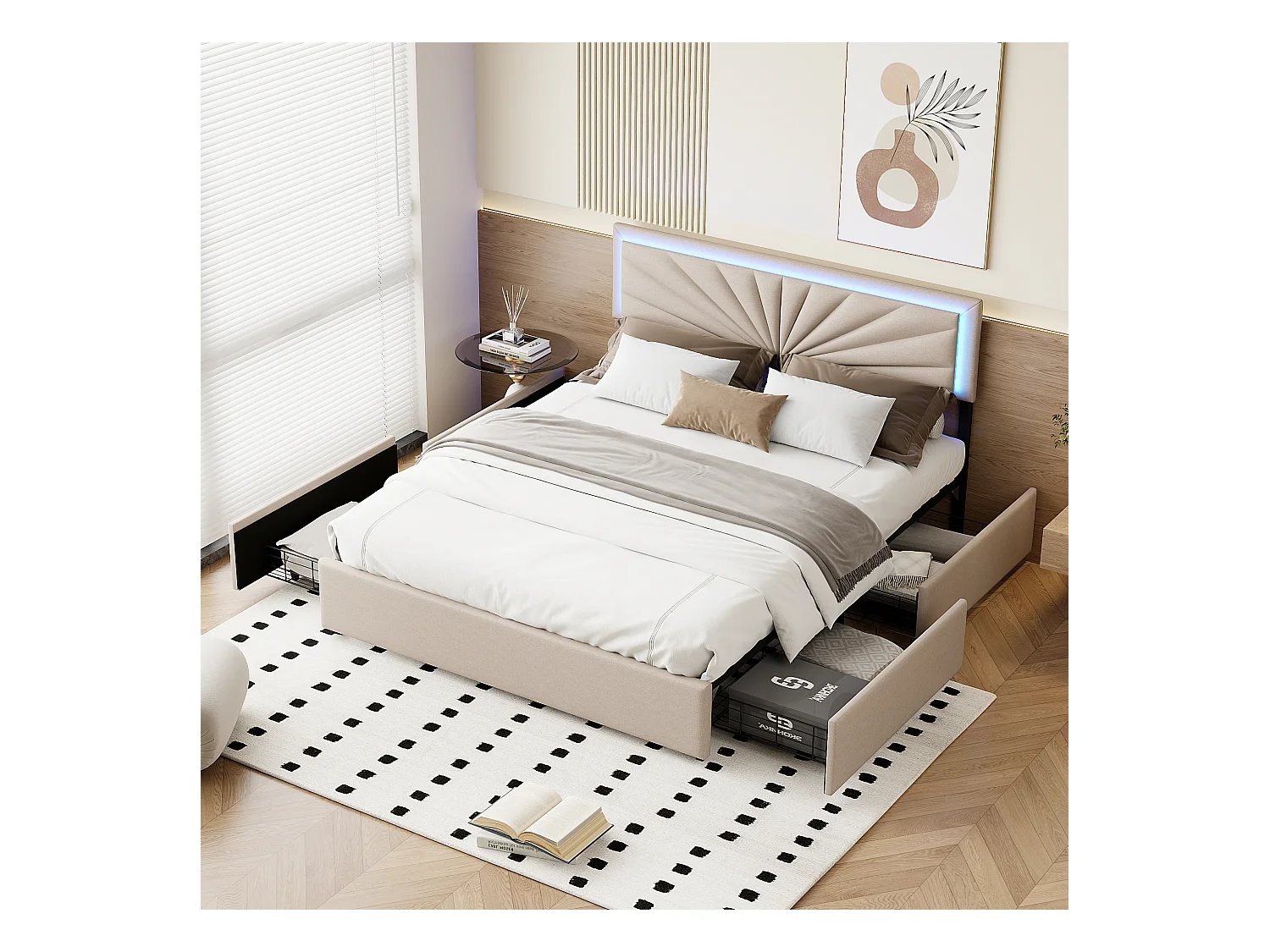 Estructura de cama doble 160 x 200 cm, cuatro cajones grandes, tablero de cama con LED, beige, lino