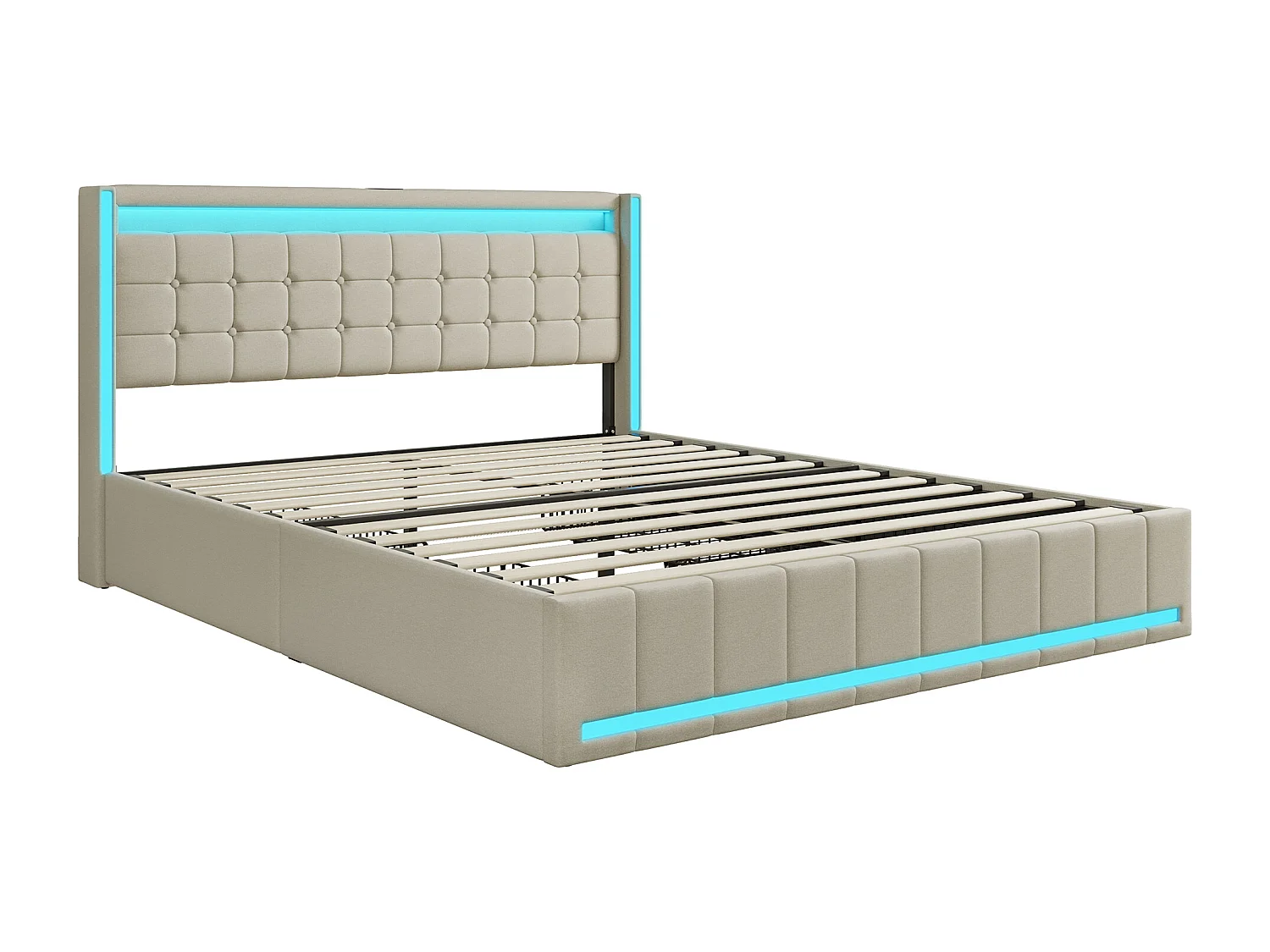 Cama doble 160*200cm, 4 cajones de hierro, con luz LED y puerto de carga USB, lino, beige