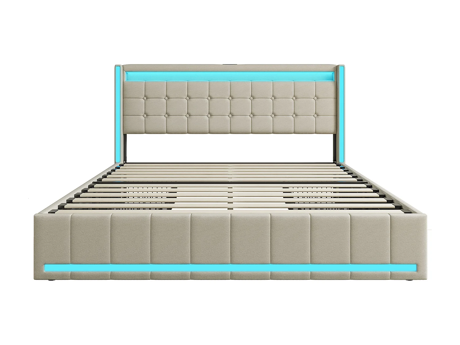 Cama doble 160*200cm, 4 cajones de hierro, con luz LED y puerto de carga USB, lino, beige