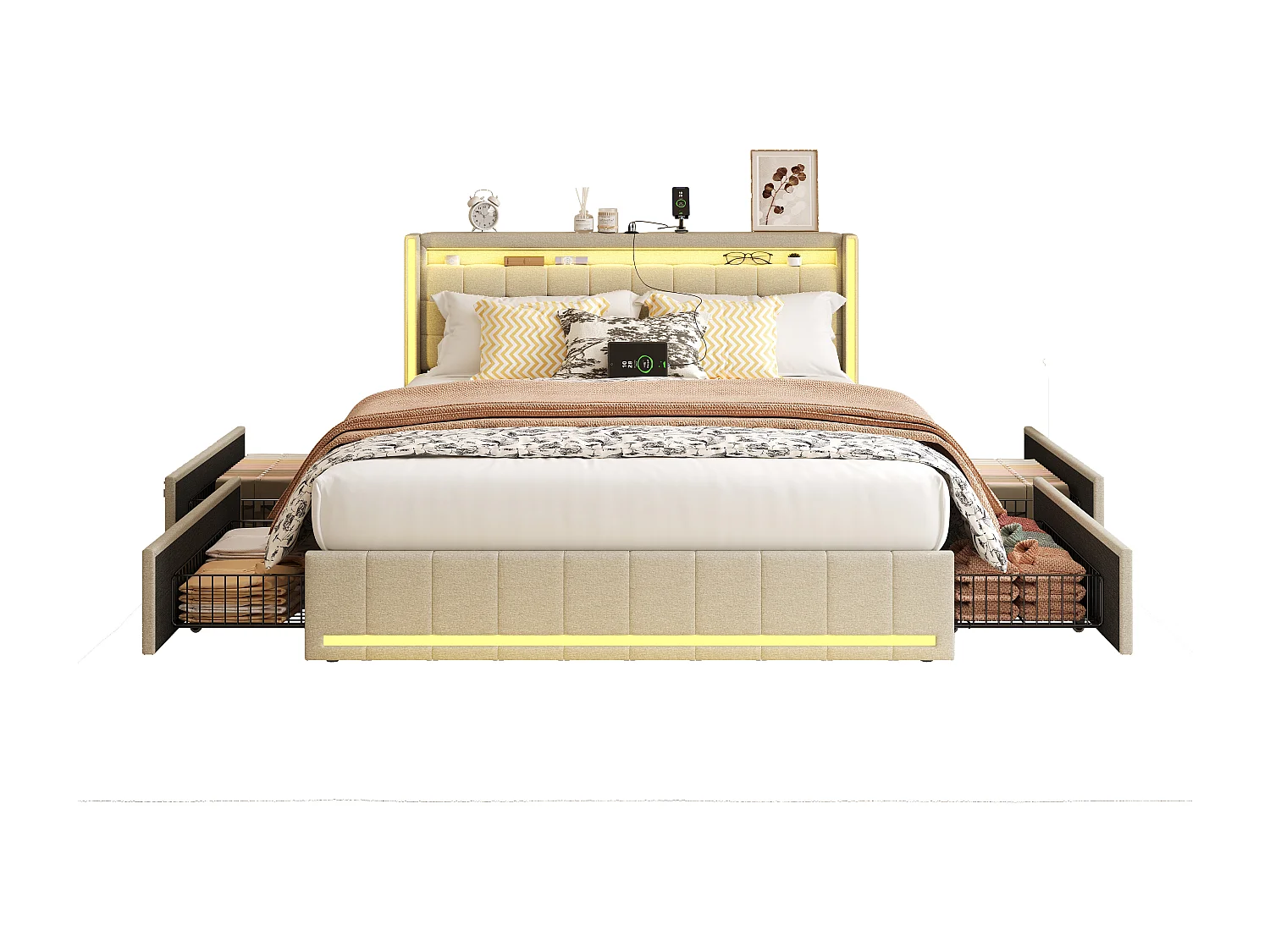 Cama de casal 160*200cm, 4 gavetas de ferro, com luz LED e porta USB para carregamento, roupa de cama, bege