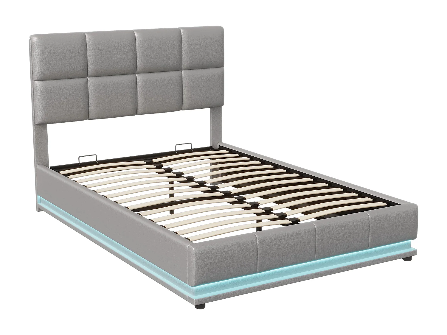 Lit rembourré 140x200 cm avec éclairage LED et rangement de lit relevable hydraulique éclairé, simili cuir, gris