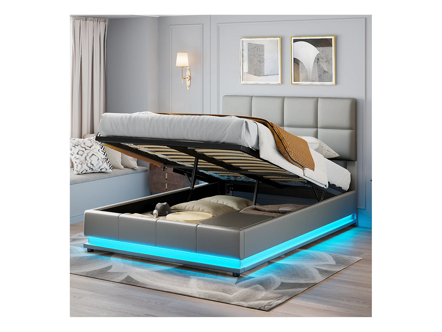 Lit rembourré 140x200 cm avec éclairage LED et rangement de lit relevable hydraulique éclairé, simili cuir, gris