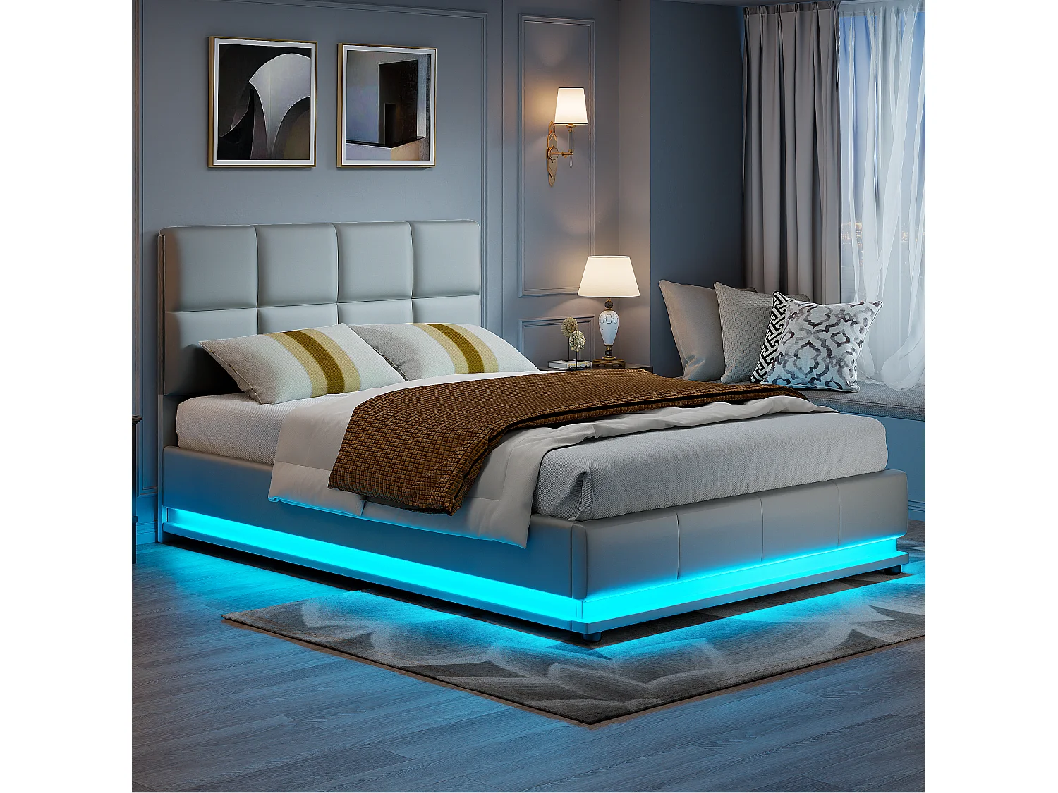 Lit rembourré 140x200 cm avec éclairage LED et rangement de lit relevable hydraulique éclairé, simili cuir, gris