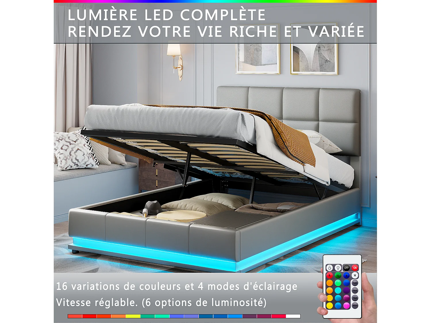 Lit rembourré 140x200 cm avec éclairage LED et rangement de lit relevable hydraulique éclairé, simili cuir, gris